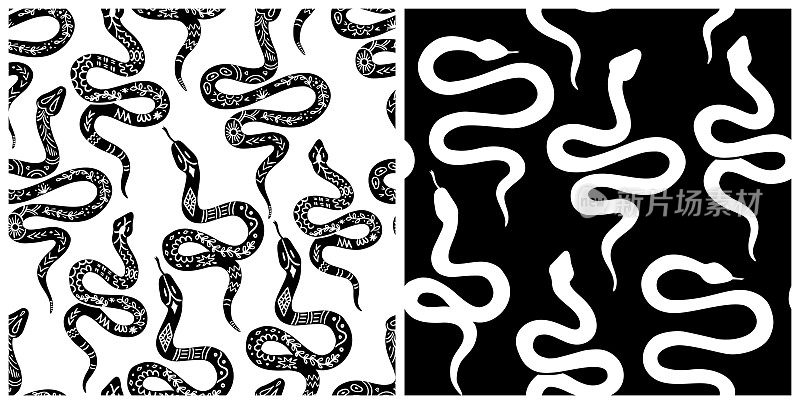 Snake pattern, black and white celestial serpent seamless pattern. Snake silhouettes in boho, mystical graphic style. Vector illustration of bohemian ornament in linocut style.
